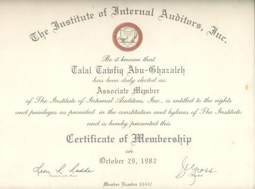 Membership certificate from the Institute of Internal ...