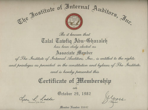 Membership certificate from the Institute of Internal ...
